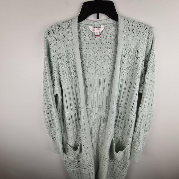 No Boundaries Pointelle Open Cardigan Jade Green Large 11/13 Juniors Knit Pocket - Picture 2 of 9